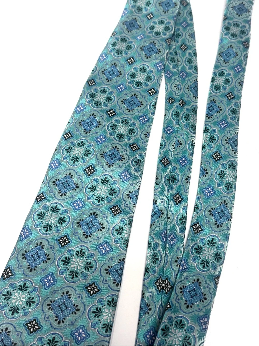 Steve Harvey 100 Silk Jacquard Aqua Blue Silver Moroccan Tile Tie